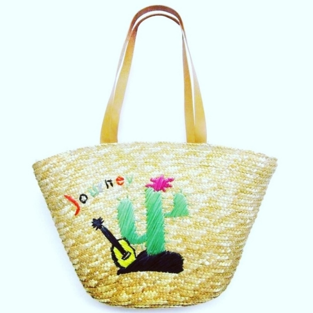 Boho embroidered straw bag, handle drop bag